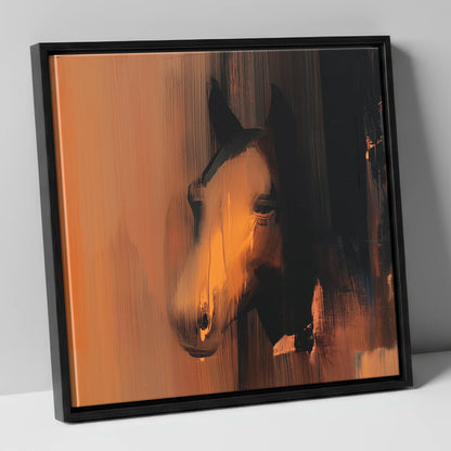 Ember and Shadow horse portrait canvas wall art in black frame