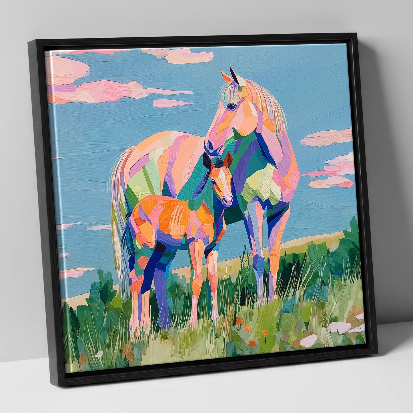 Vibrant Maternal Bond mare & foal canvas wall art in black frame
