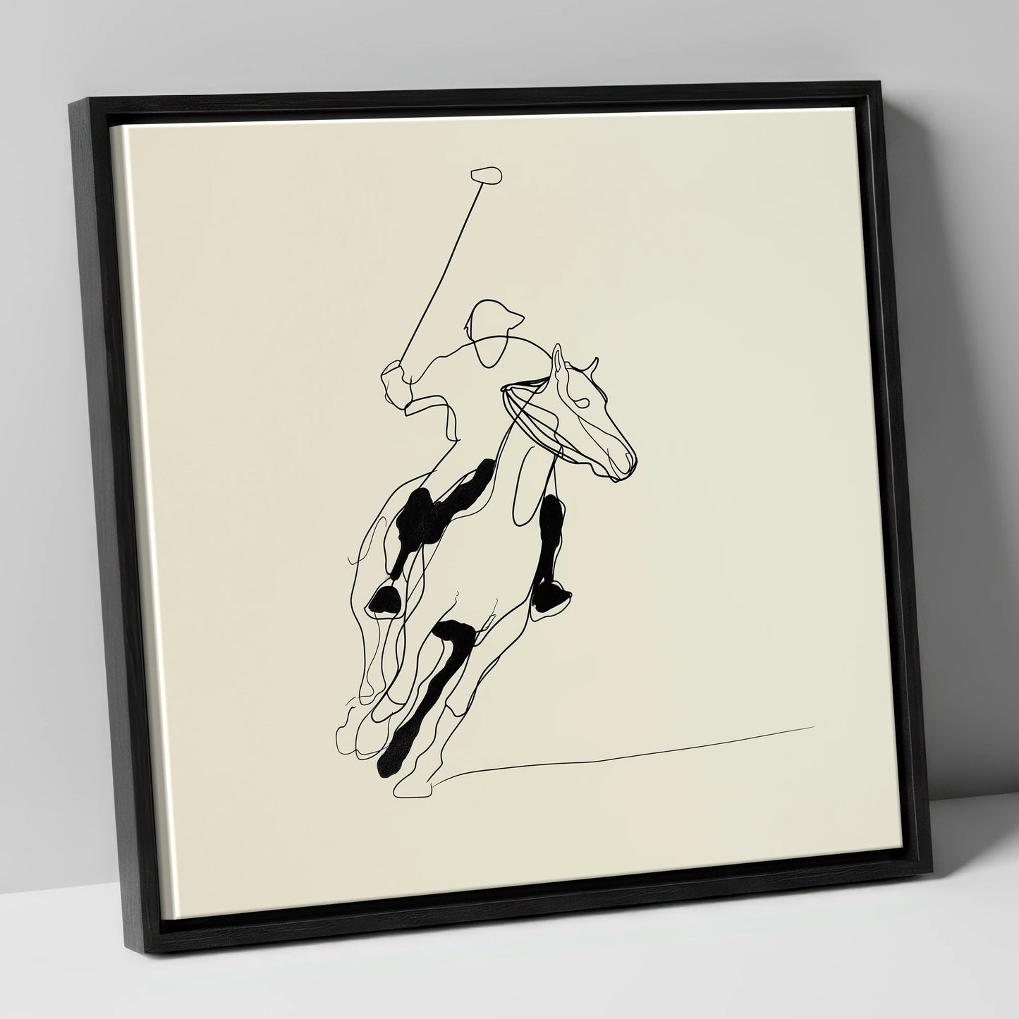 Fluidity of the Chukka polo horse canvas wall art in black frame