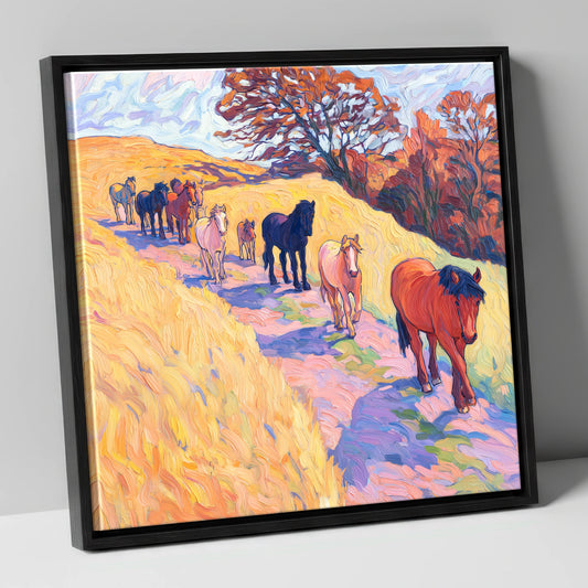 Homeward Bound Herd horse landscape canvas wall art in black frame