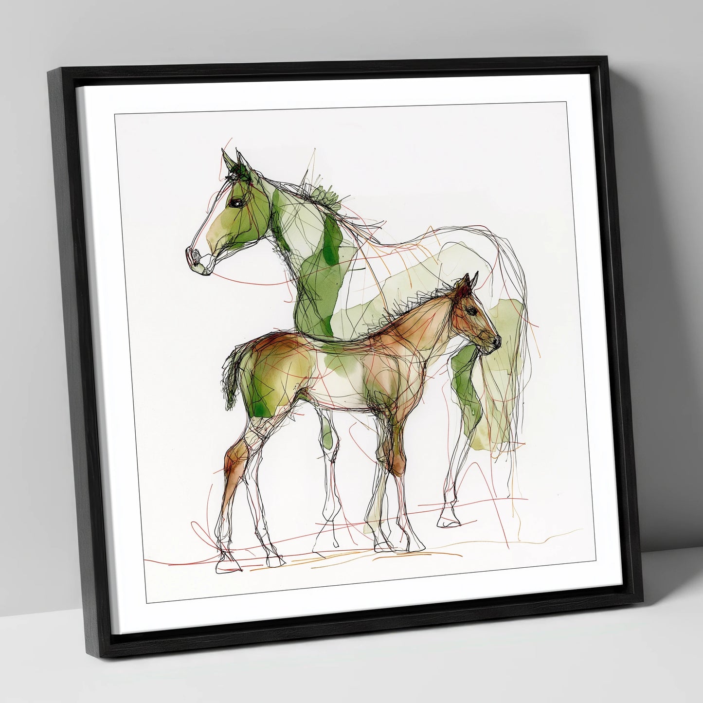 Lines of Kinship mare & foal canvas wall art in black frame
