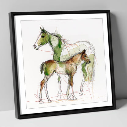 Lines of Kinship mare & foal canvas wall art in black frame