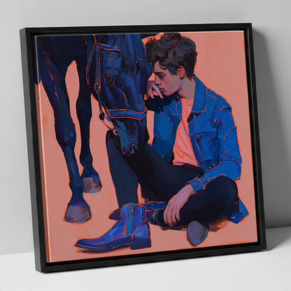The Indigo Bond horse & rider canvas wall art in black frame