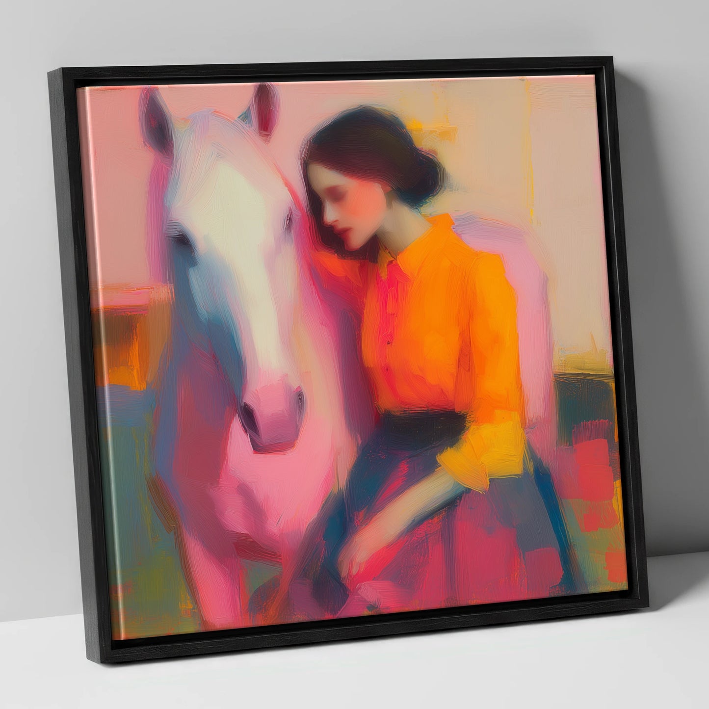 Vivid Embrace horse & rider canvas wall art in black frame
