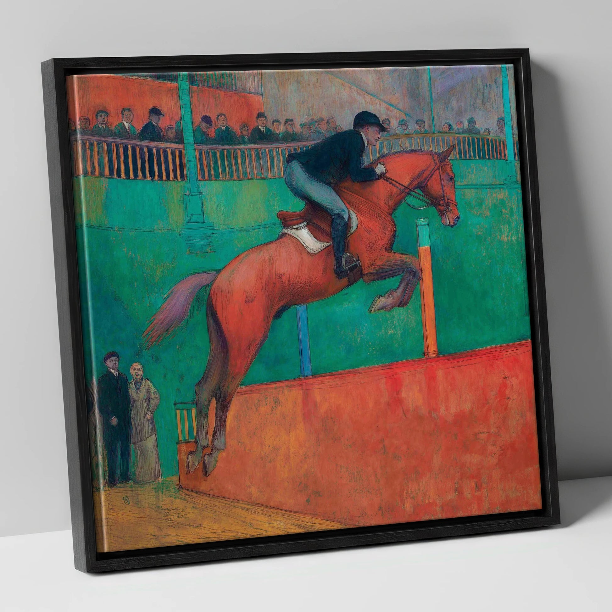 Emerald Arena Flight show jumping horse canvas wall art in black frame