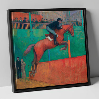 Emerald Arena Flight show jumping horse canvas wall art in black frame
