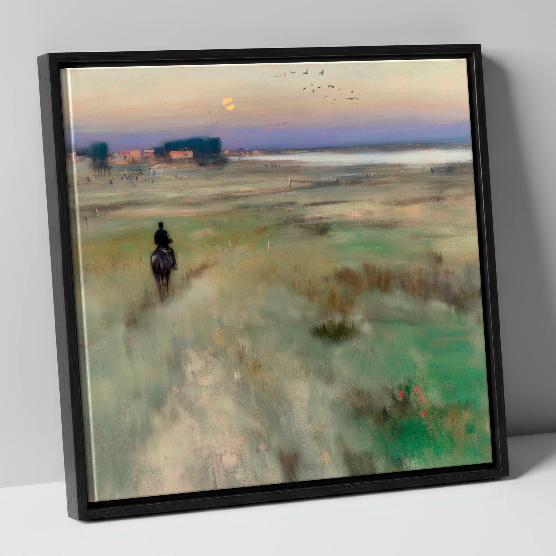 Twilight Hack horse landscape canvas wall art in black frame