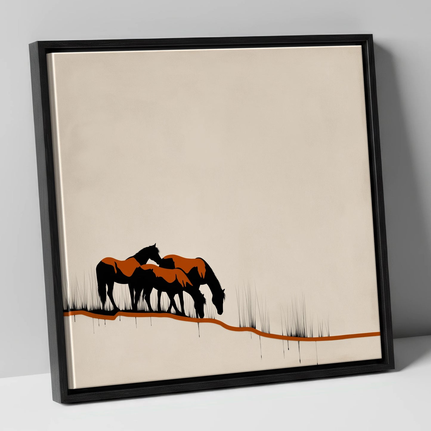 Copper and Ink Herd wild horses canvas wall art in black frame