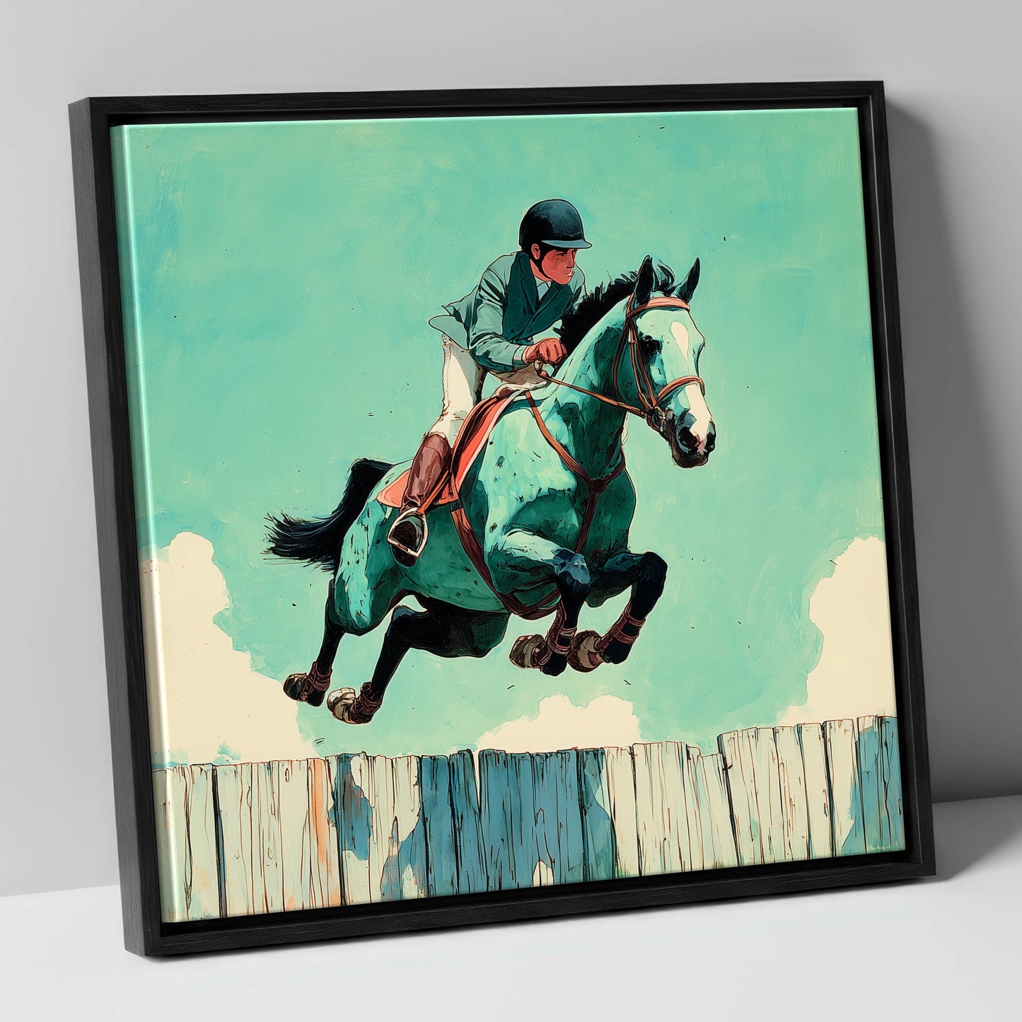 Teal Airborne Leap show jumping horse canvas wall art in black frame