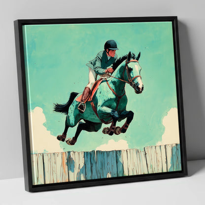 Teal Airborne Leap show jumping horse canvas wall art in black frame