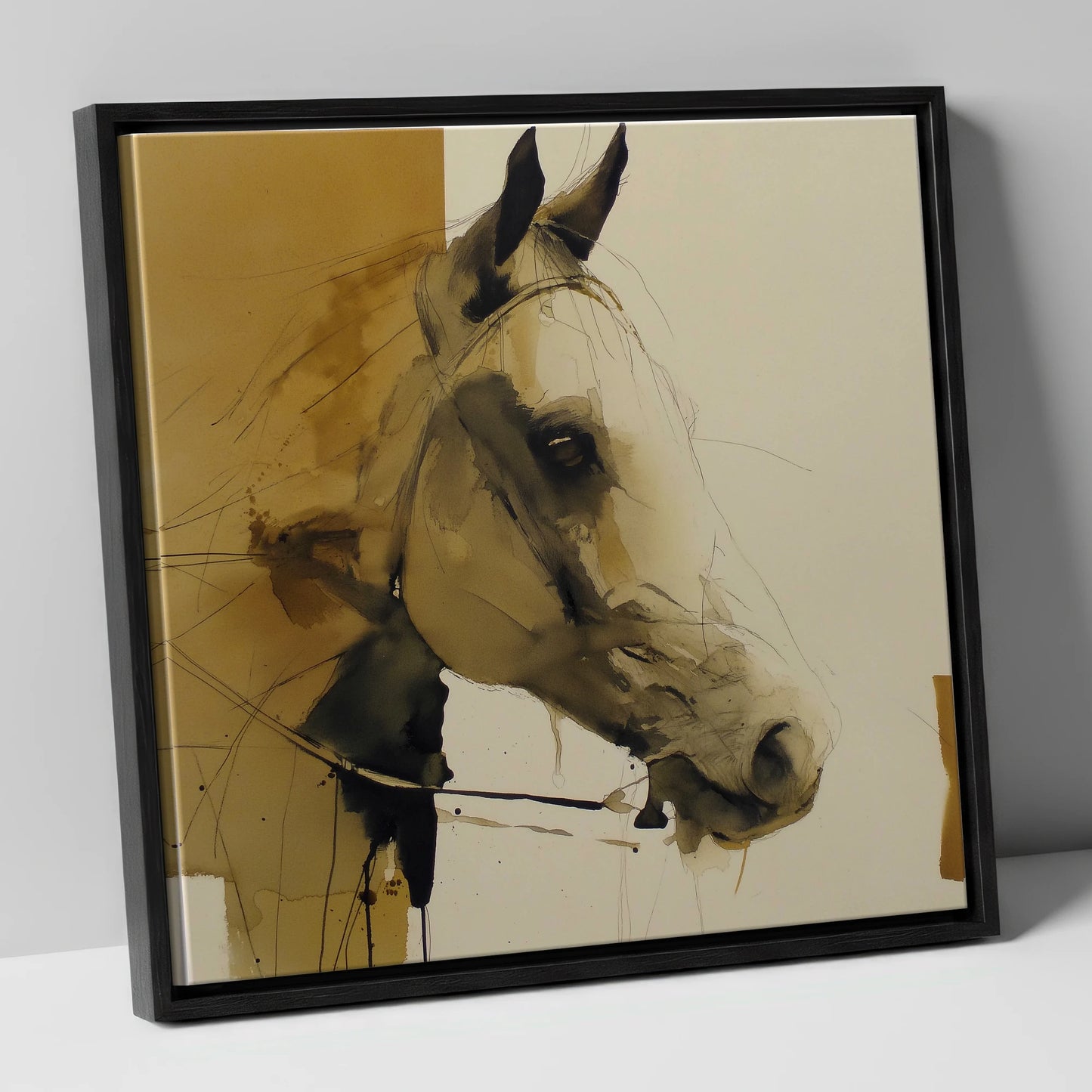 Sepia Wash Profile horse portrait canvas wall art in black frame