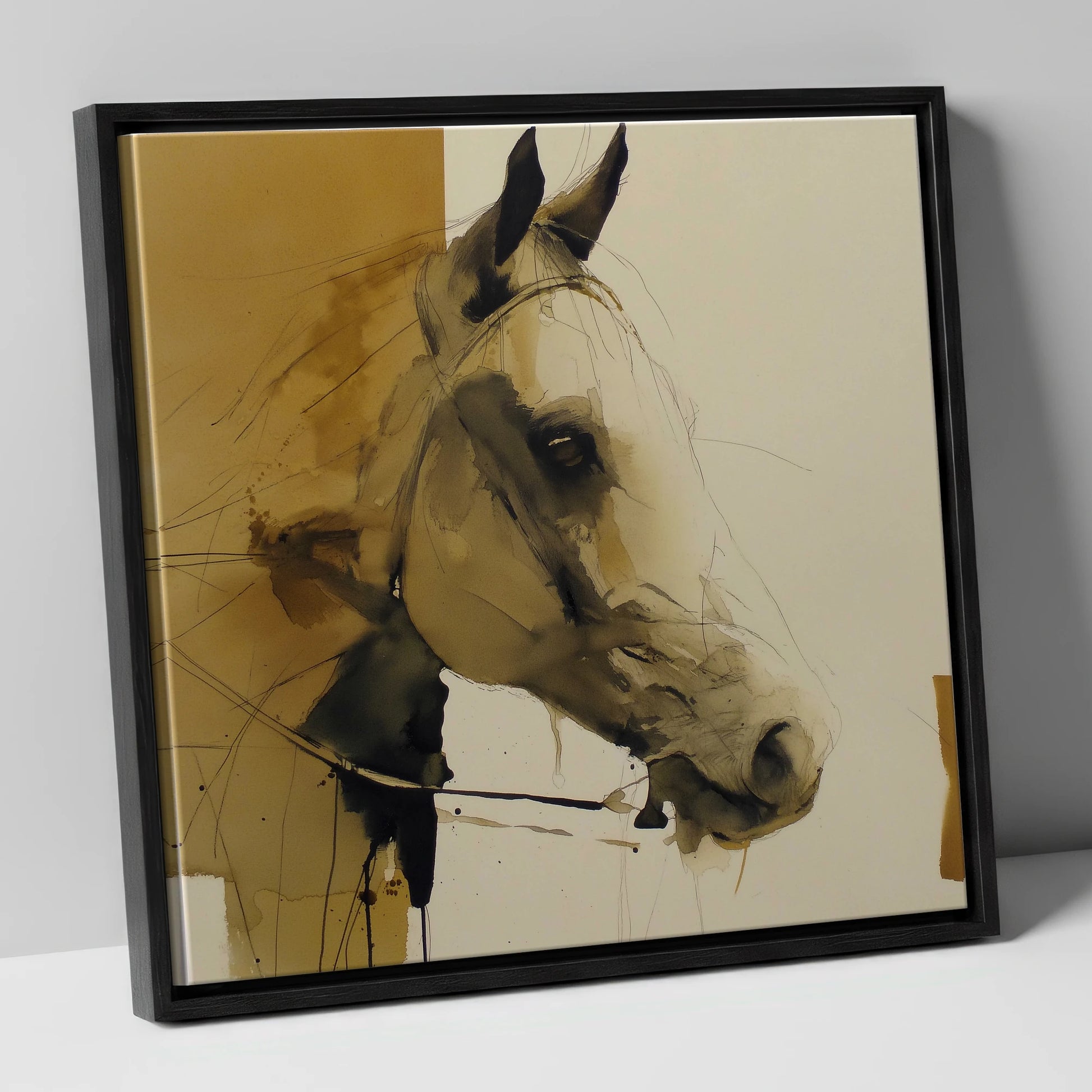 Sepia Wash Profile horse portrait canvas wall art in black frame