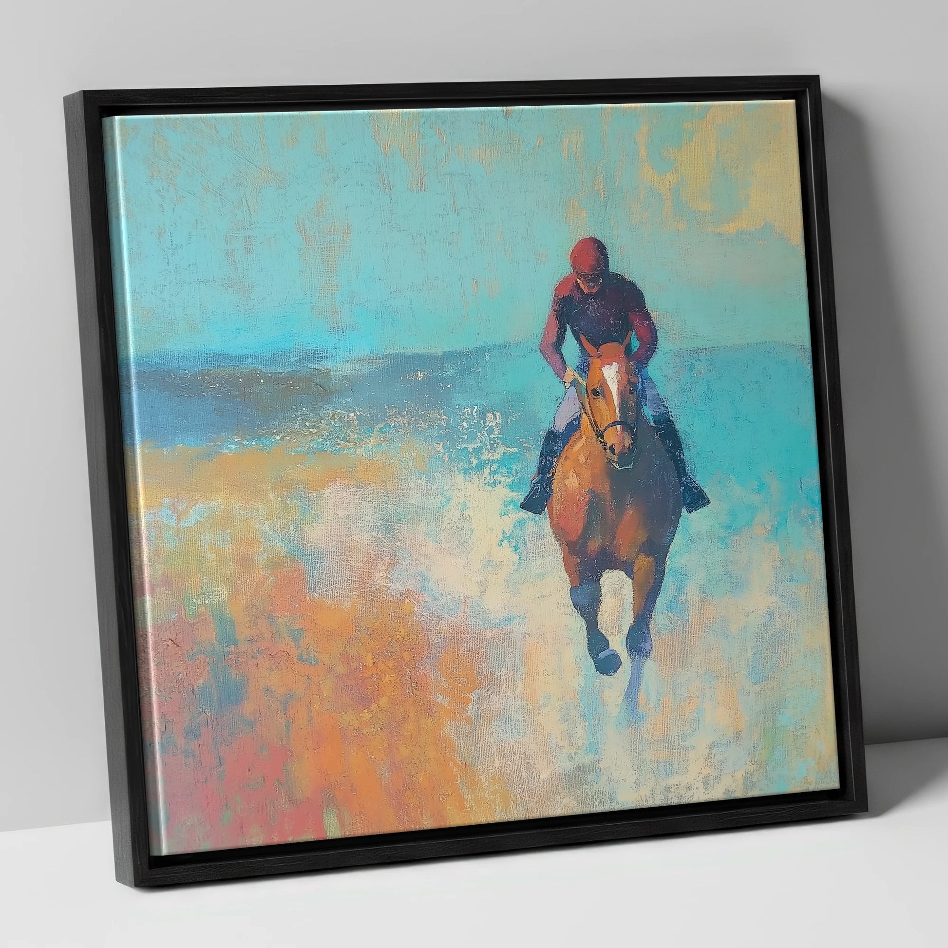 The Morning Gallop racing horse canvas wall art in black frame