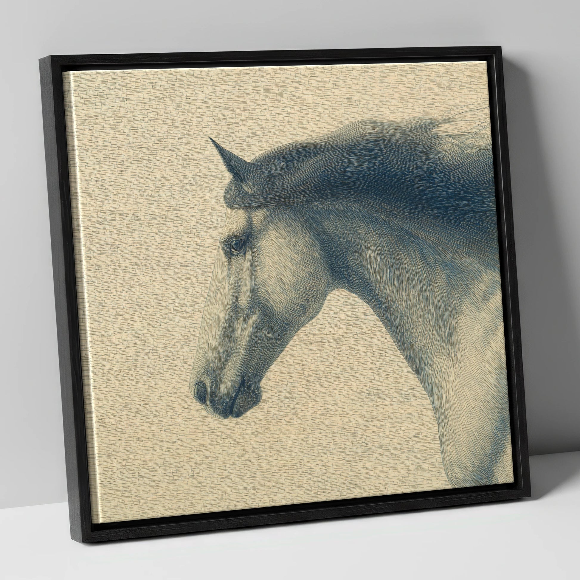 The Slate Blue Stallion horse breed canvas wall art in black frame