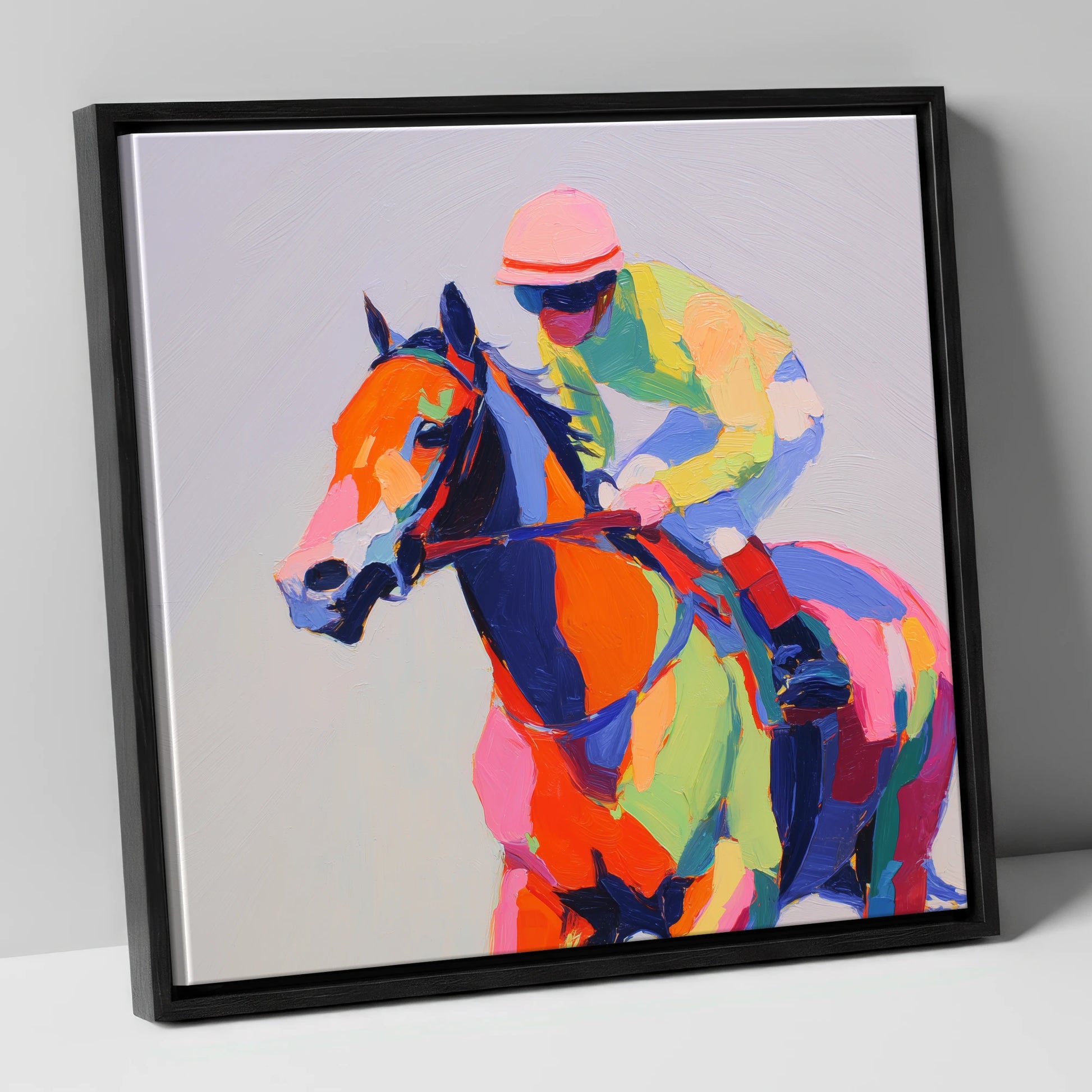 Technicolour Gallop racing horse canvas wall art in black frame