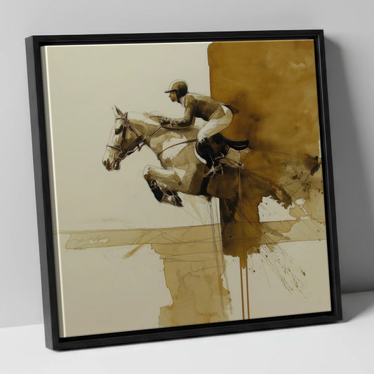 Airborne in Sepia show jumping horse canvas wall art in black frame