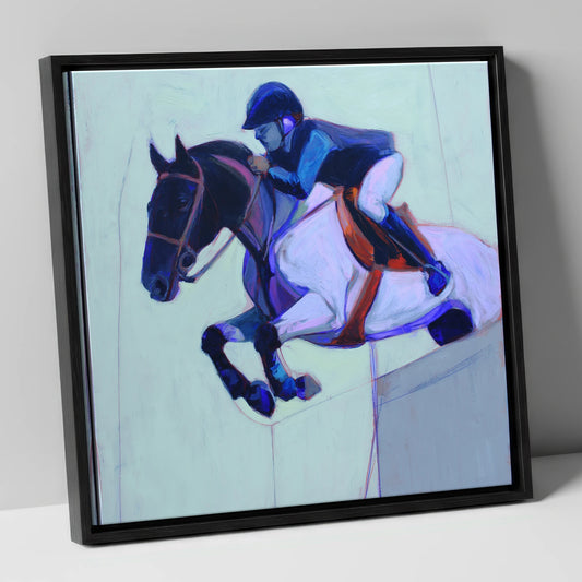 Indigo Flight show jumping horse canvas wall art in black frame