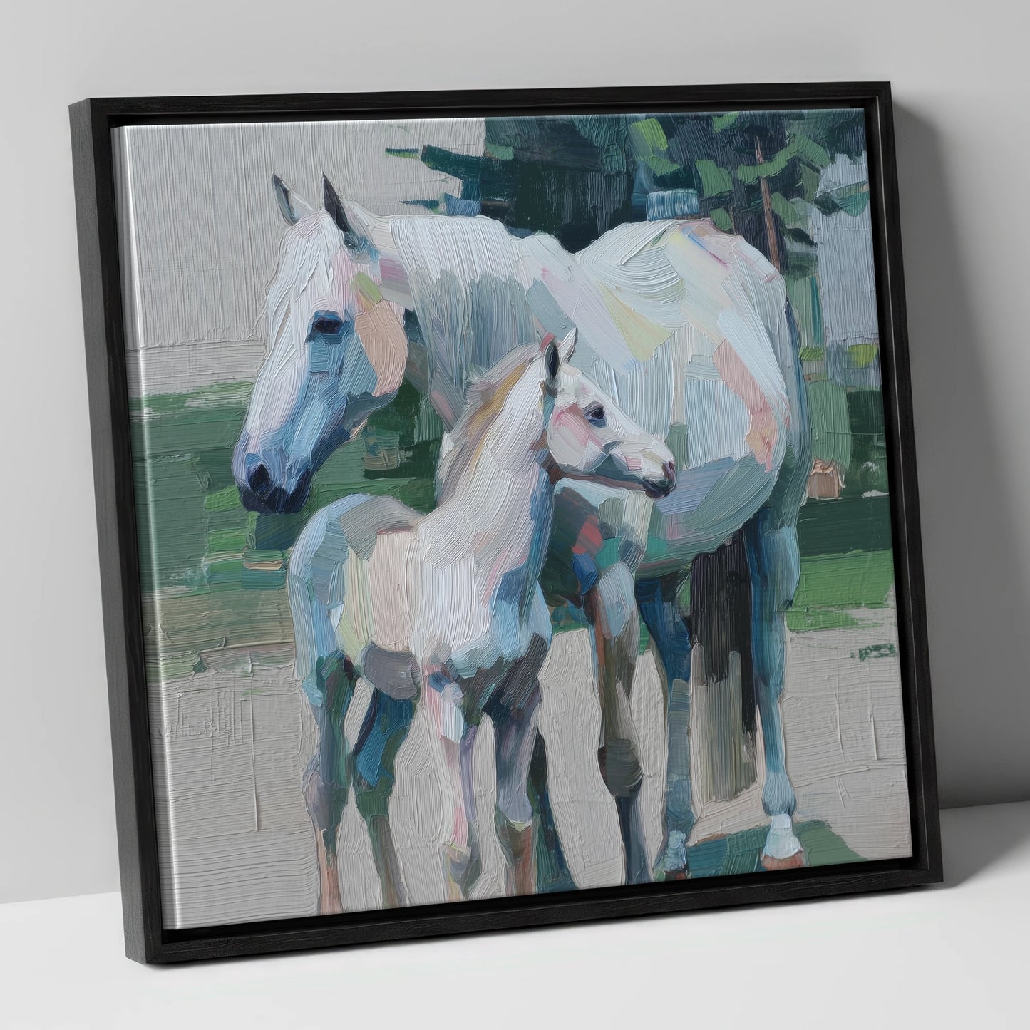 Textured Pastel Bond mare & foal canvas wall art in black frame