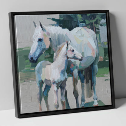 Textured Pastel Bond mare & foal canvas wall art in black frame