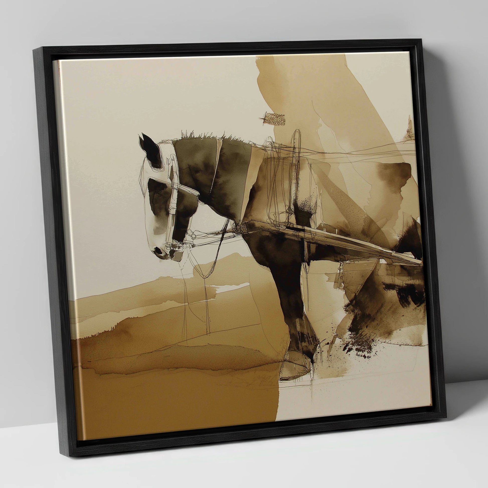 Sepia Heavy Horse Study working horse canvas wall art in black frame