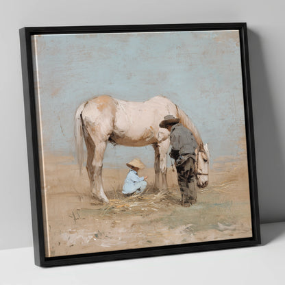 Sunlit Companions horse & rider canvas wall art in black frame