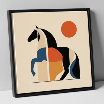 Mid-Century Equine Geometry horse portrait canvas wall art in black frame