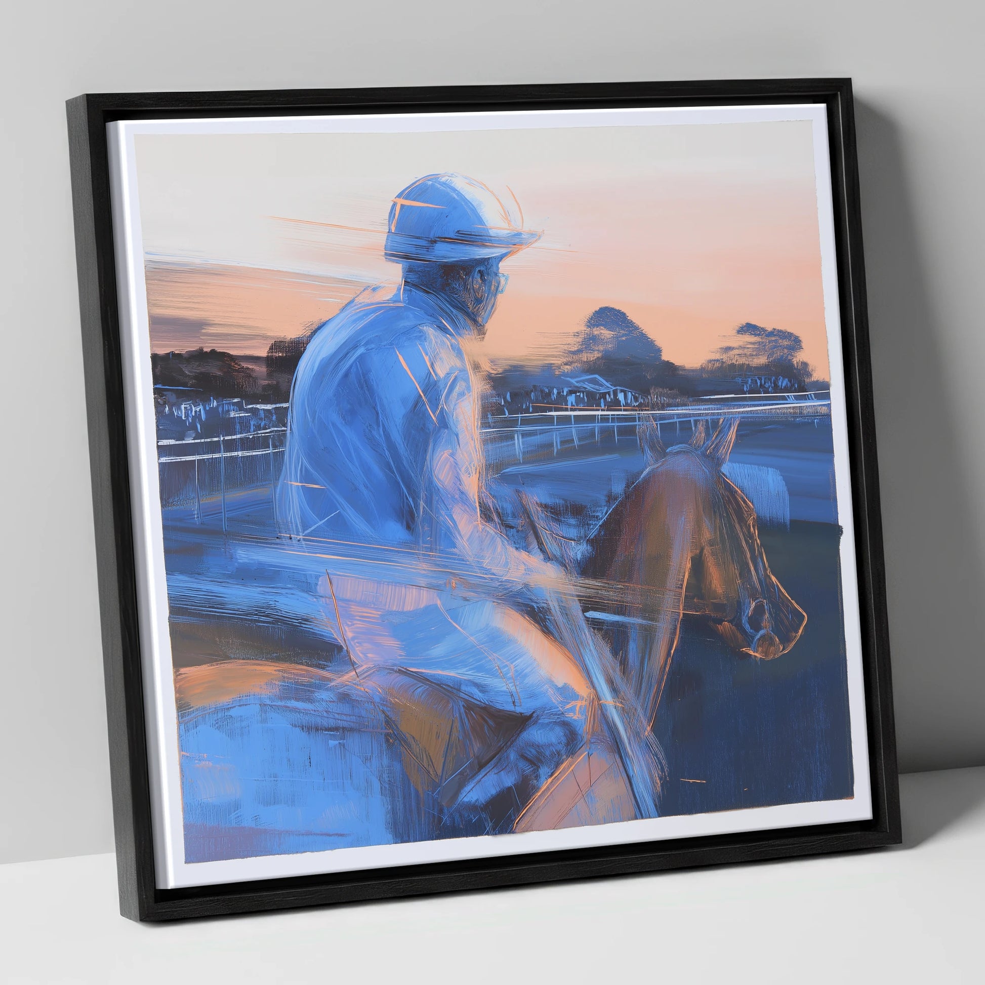 Dawn on the Gallops racing horse canvas wall art in black frame