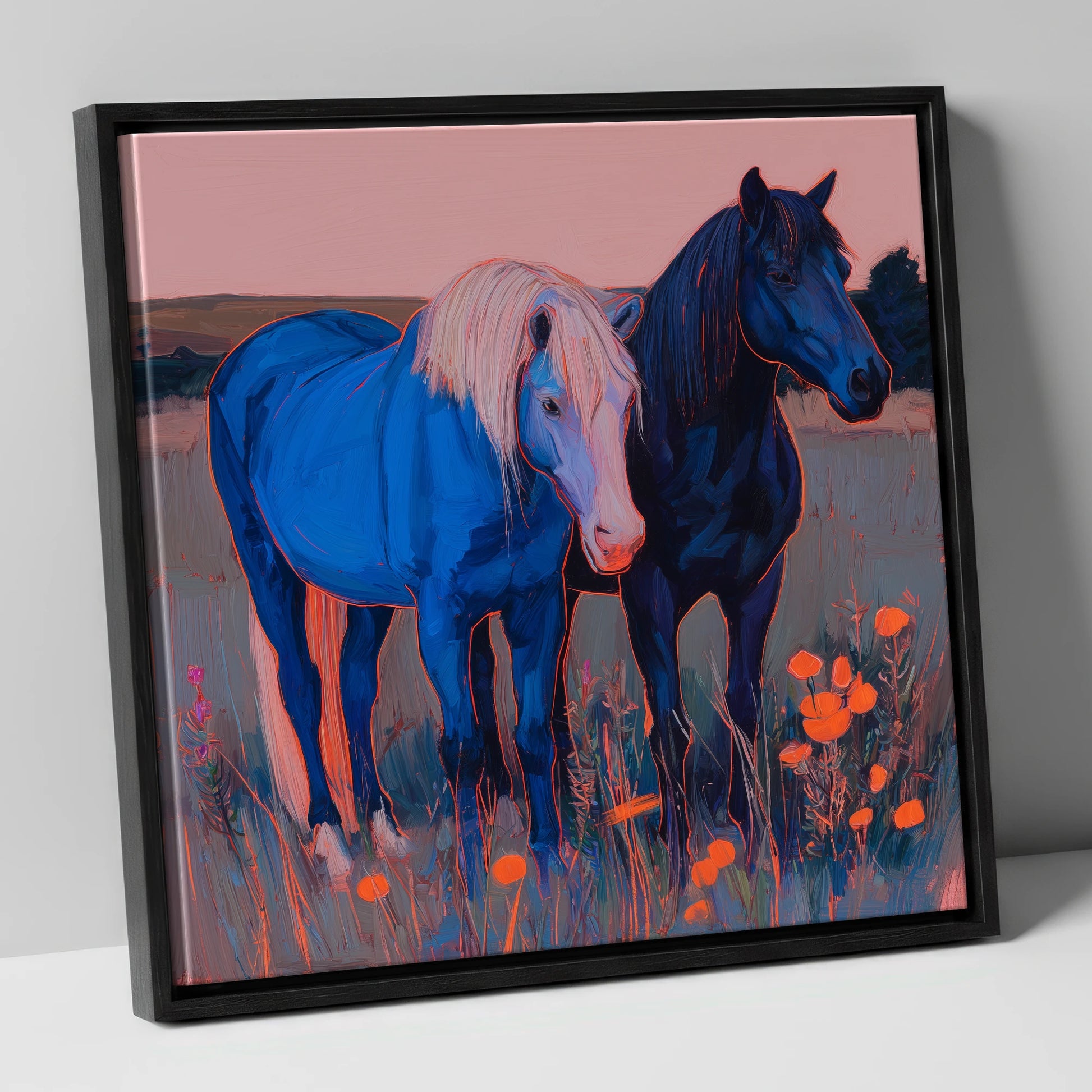 Cobalt Pastures horse landscape canvas wall art in black frame