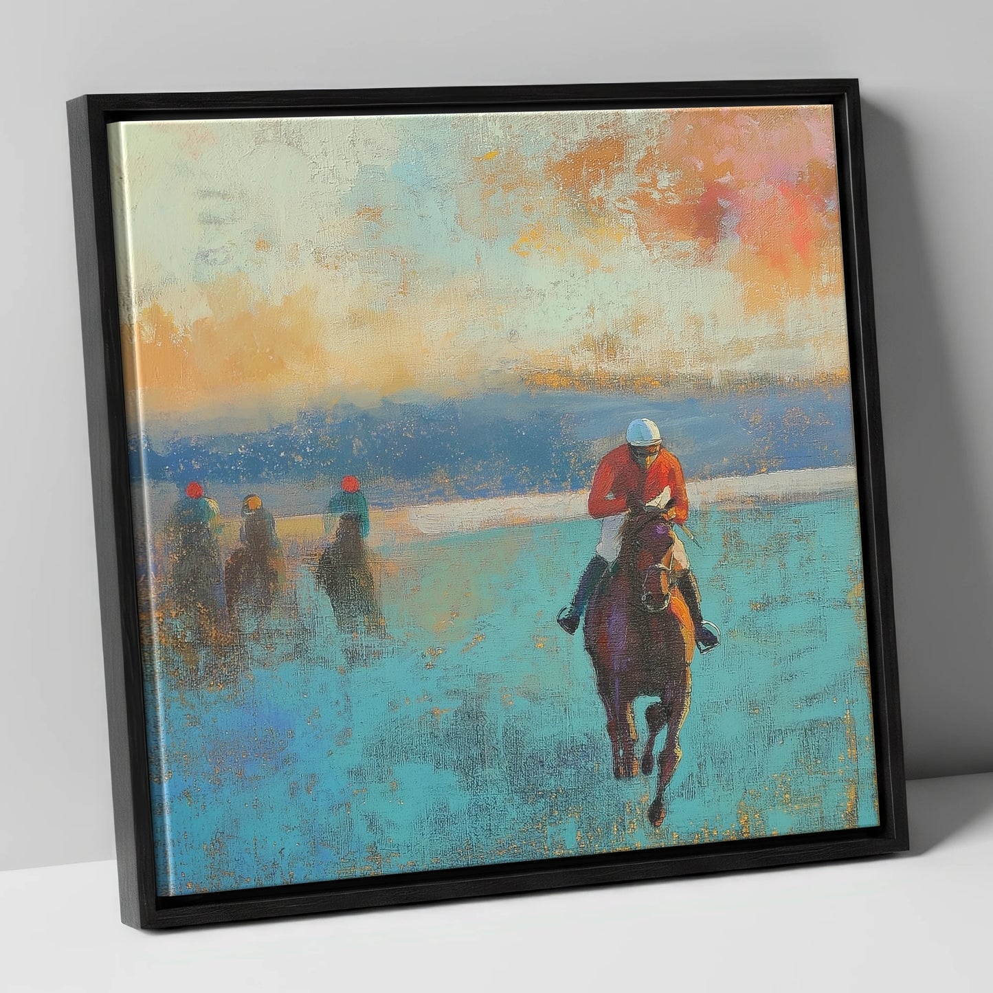 The Front Runner racing horse canvas wall art in black frame
