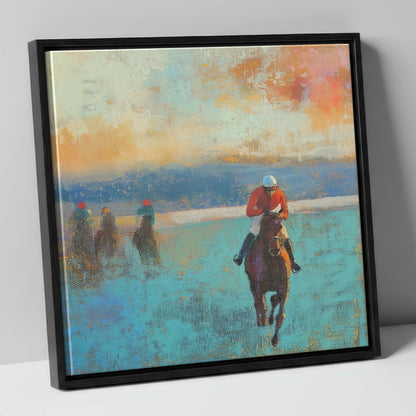The Front Runner racing horse canvas wall art in black frame