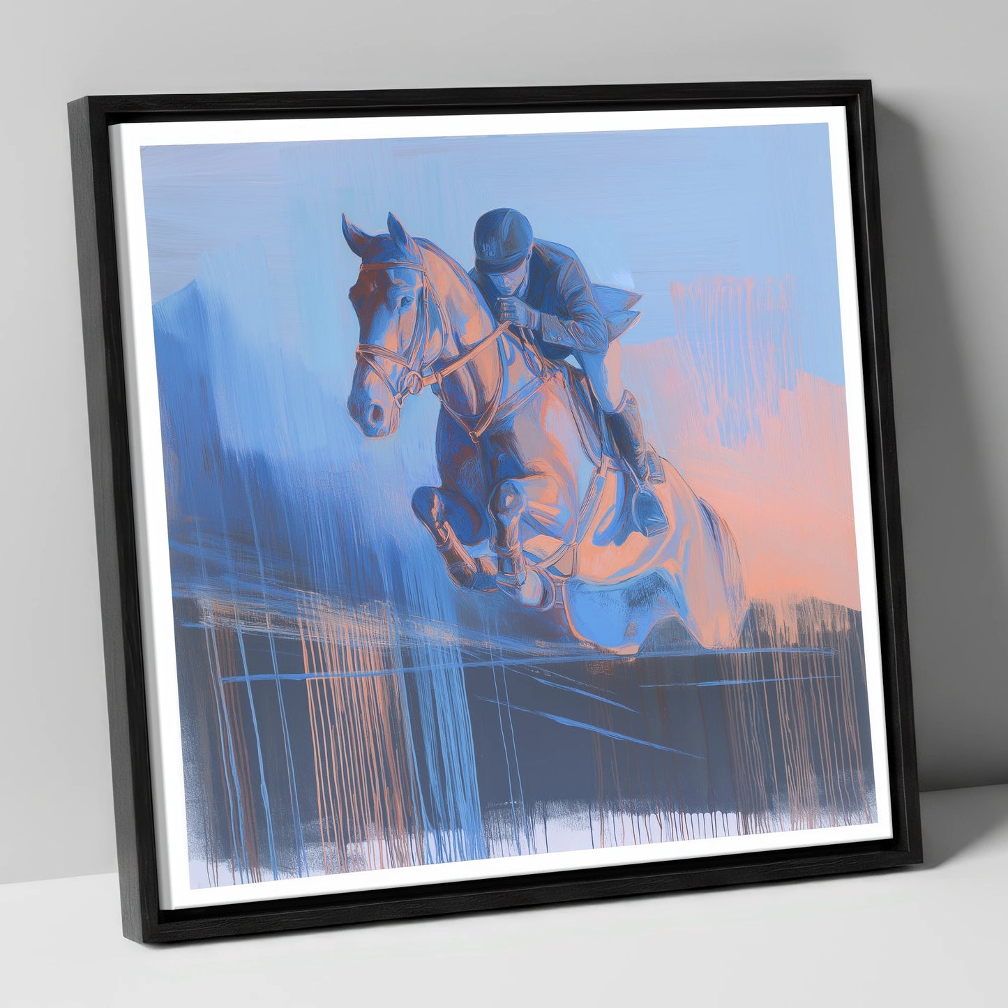 Suspended in Cobalt show jumping horse canvas wall art in black frame