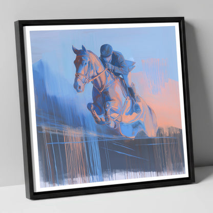Suspended in Cobalt show jumping horse canvas wall art in black frame