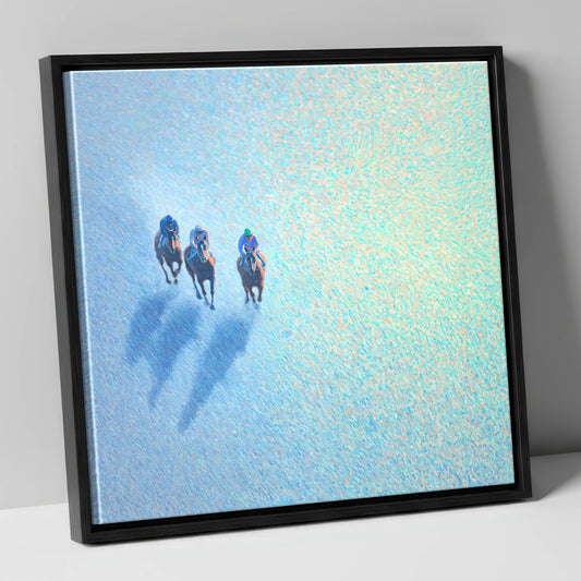 Luminous Morning Gallop racing horse canvas wall art in black frame