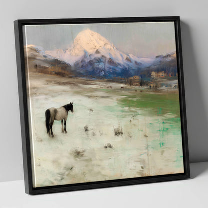 Alpine Solitude horse landscape canvas wall art in black frame