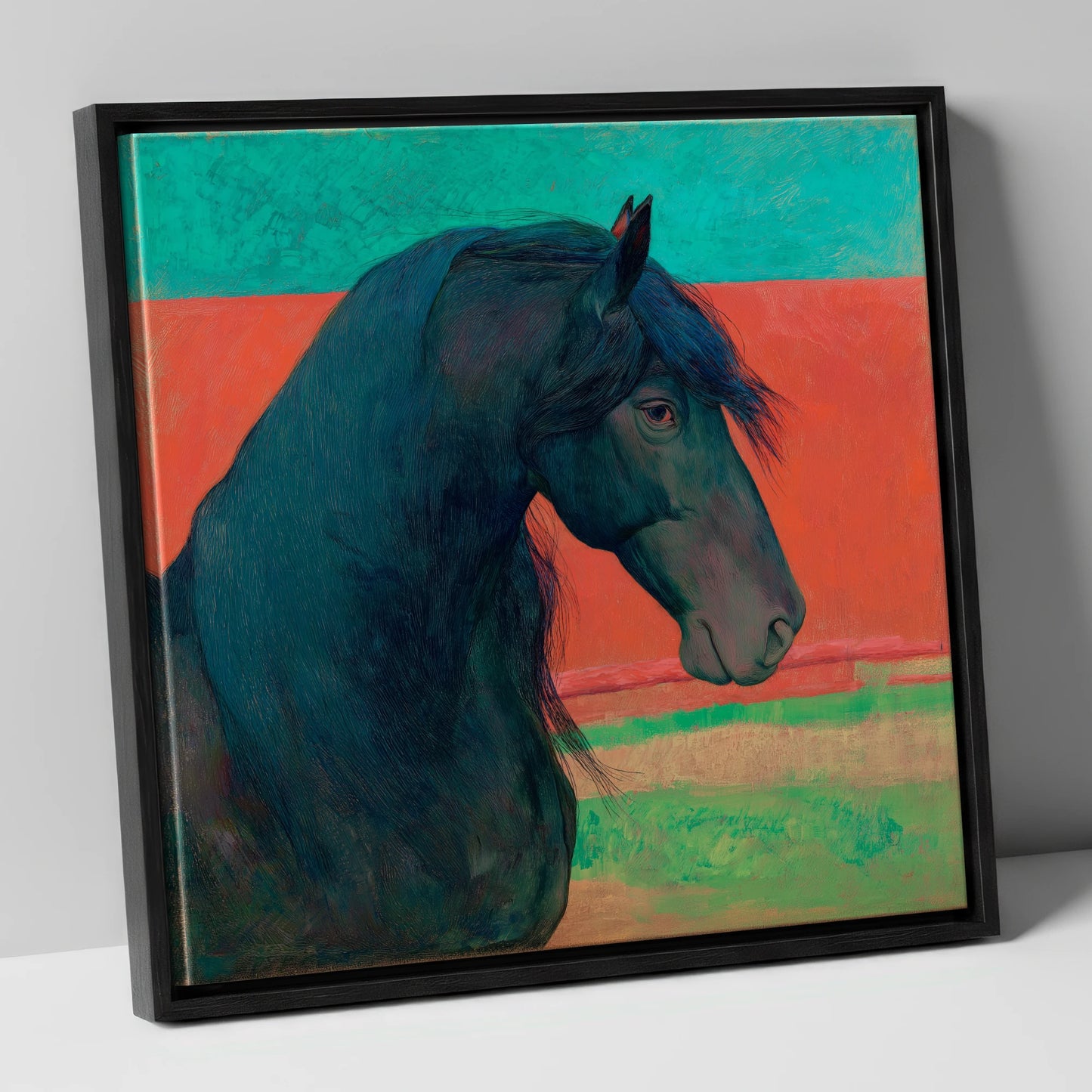 Crimson Horizon Friesian horse breed canvas wall art in black frame