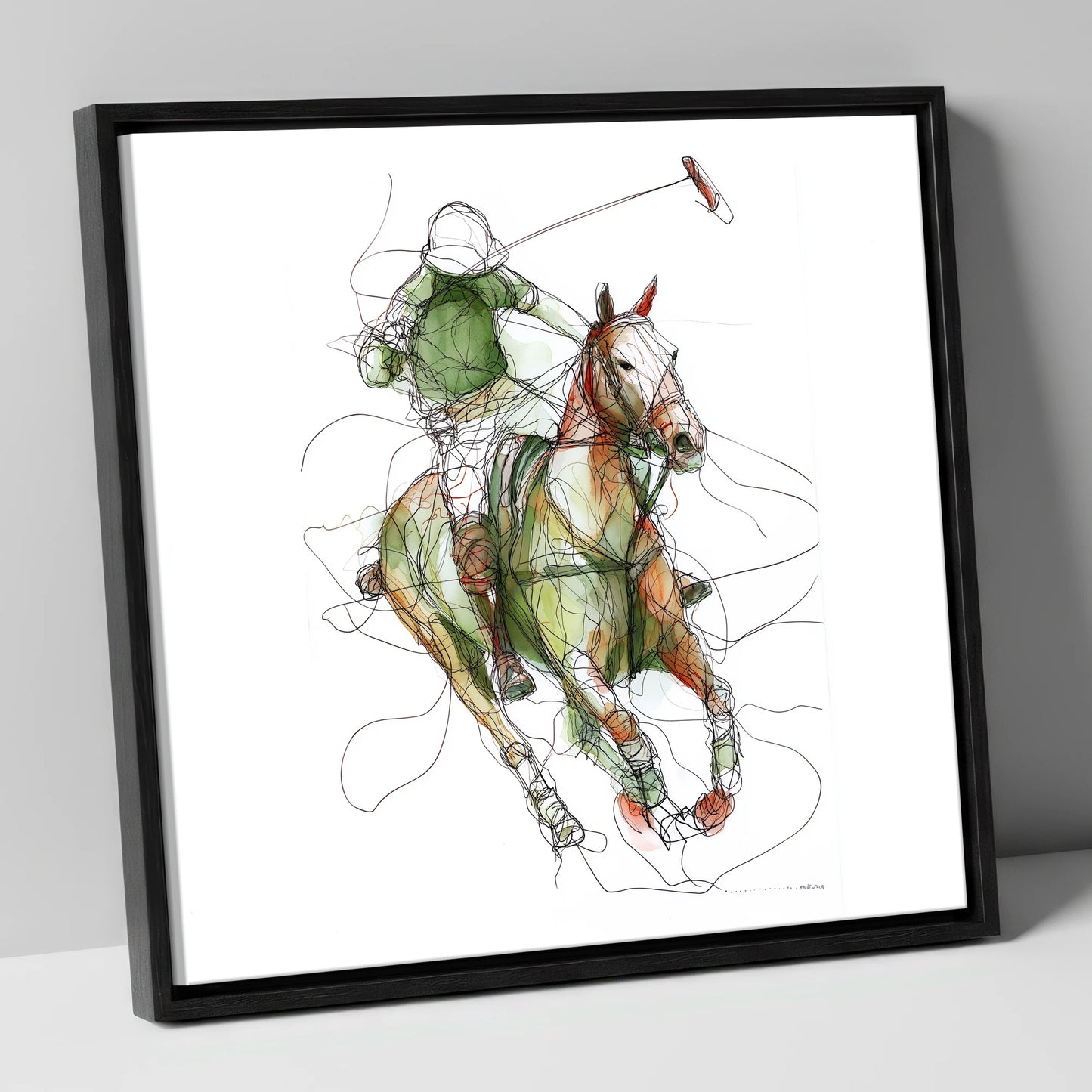 Kinetic Polo Strike polo horse canvas wall art in black frame