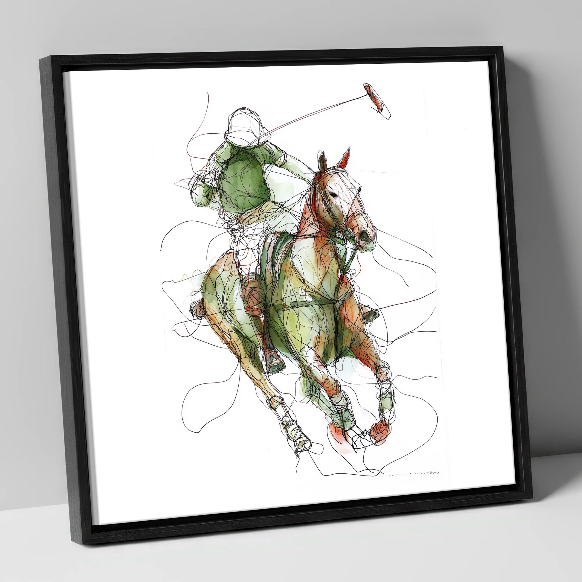 Kinetic Polo Strike polo horse canvas wall art in black frame