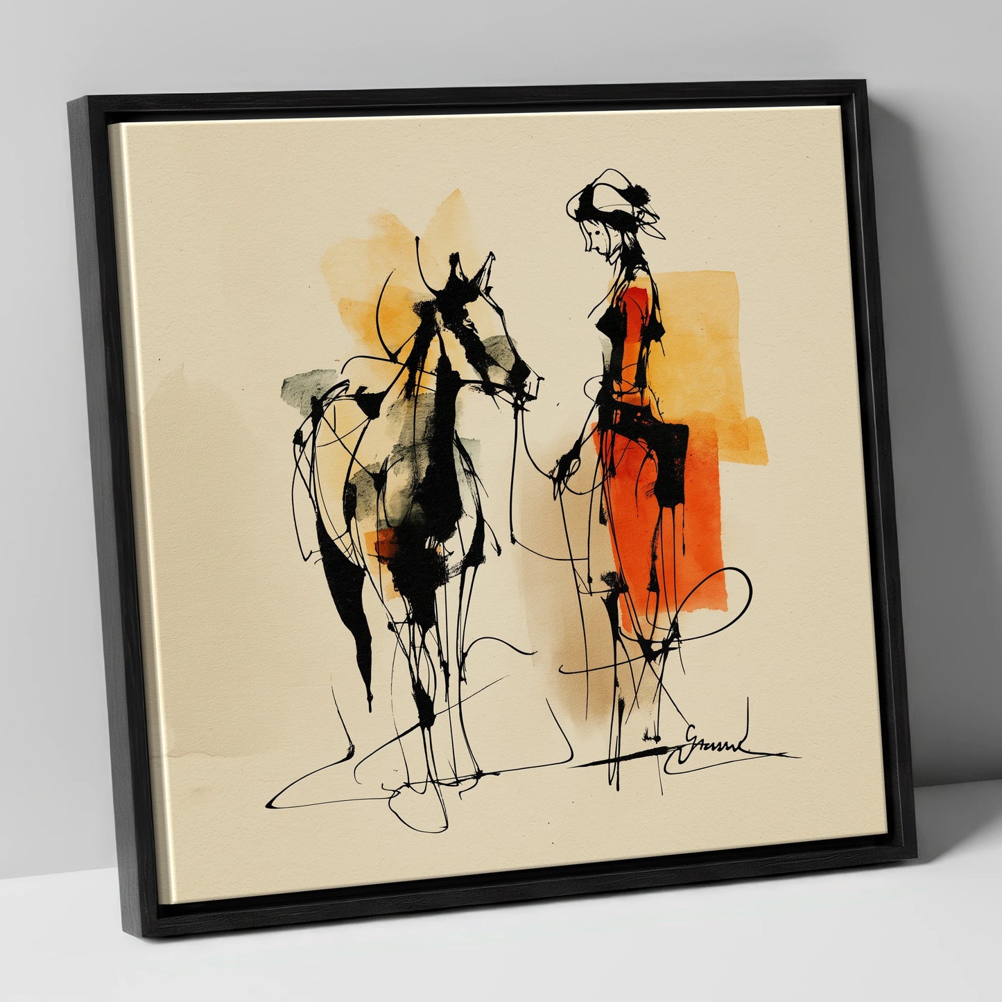 Tethered in Amber horse & rider canvas wall art in black frame