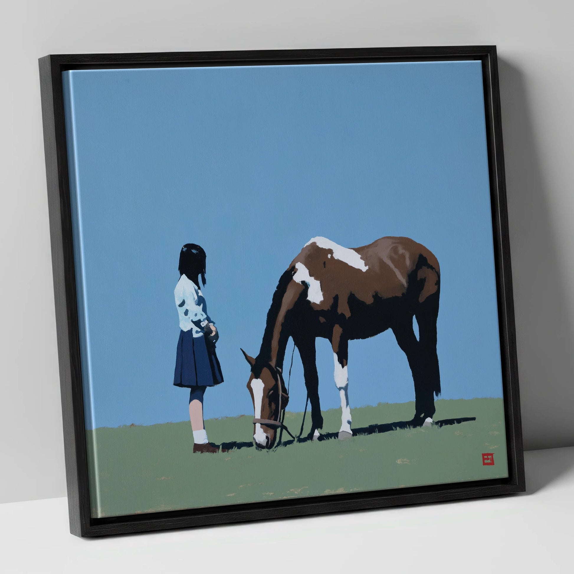 Silent Companionship horse & rider canvas wall art in black frame