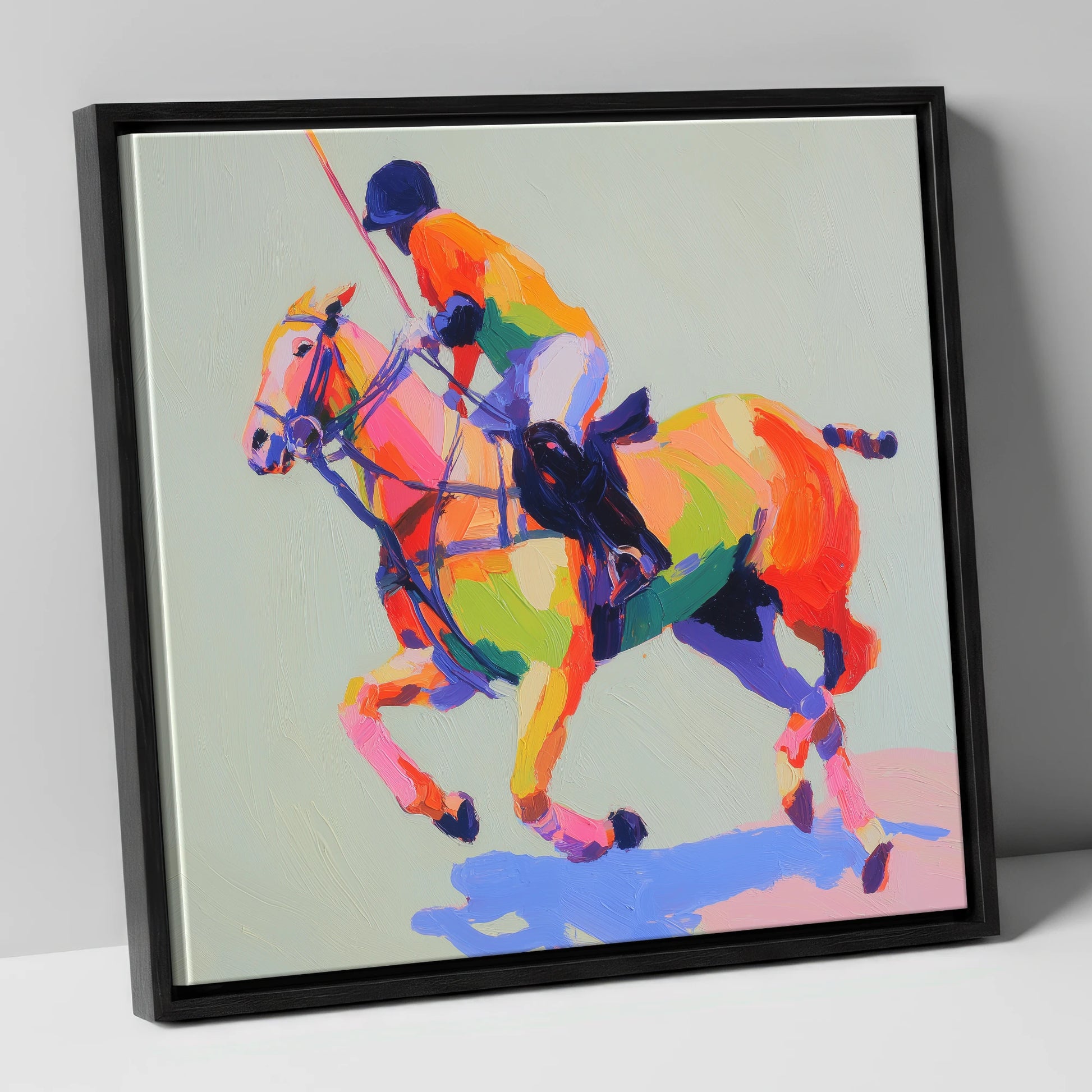 Technicolour Polo Stride polo horse canvas wall art in black frame