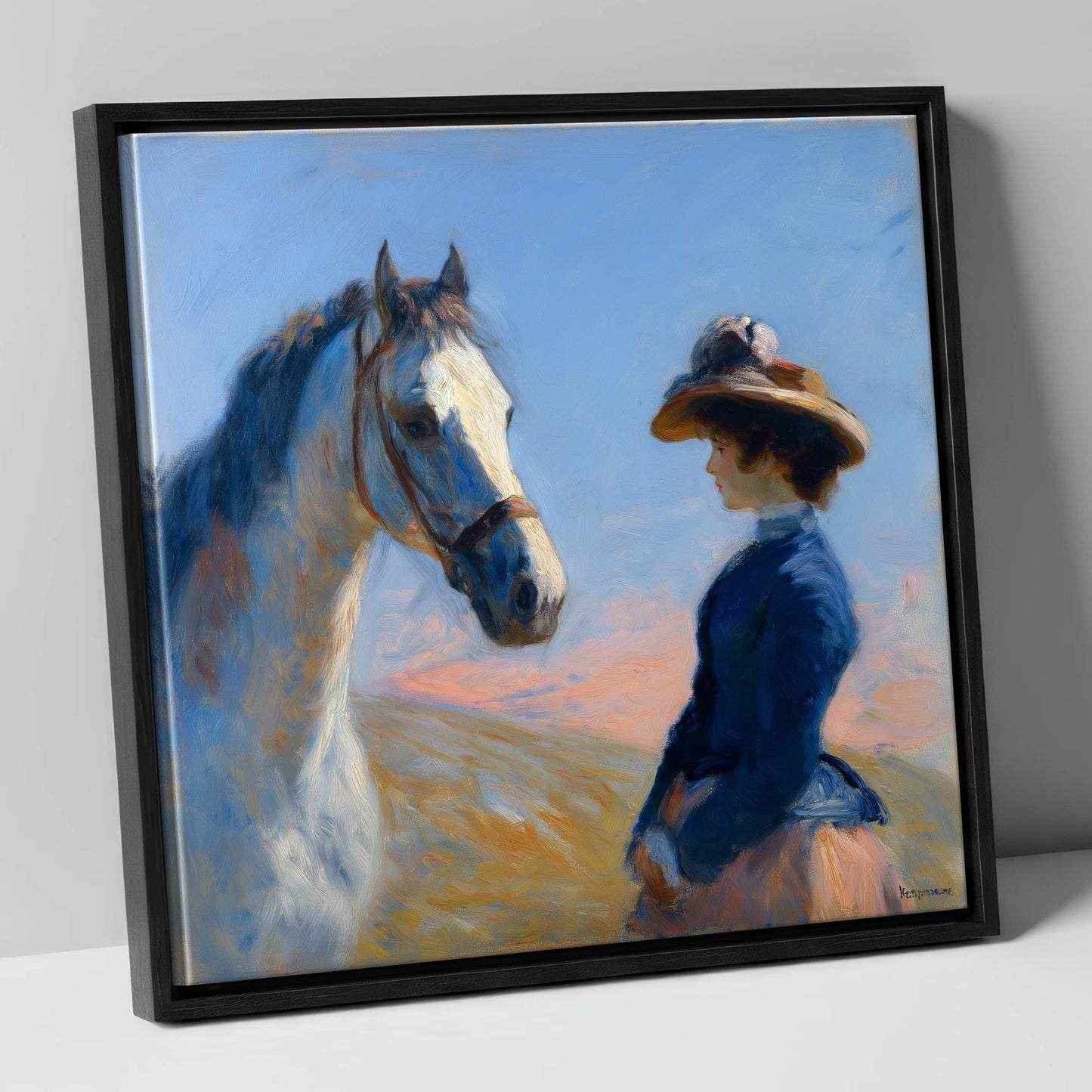 The Golden Gaze horse & rider canvas wall art in black frame