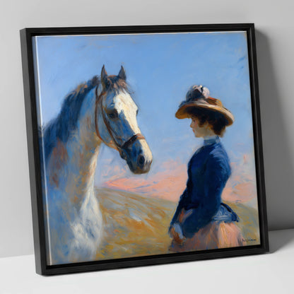 The Golden Gaze horse & rider canvas wall art in black frame