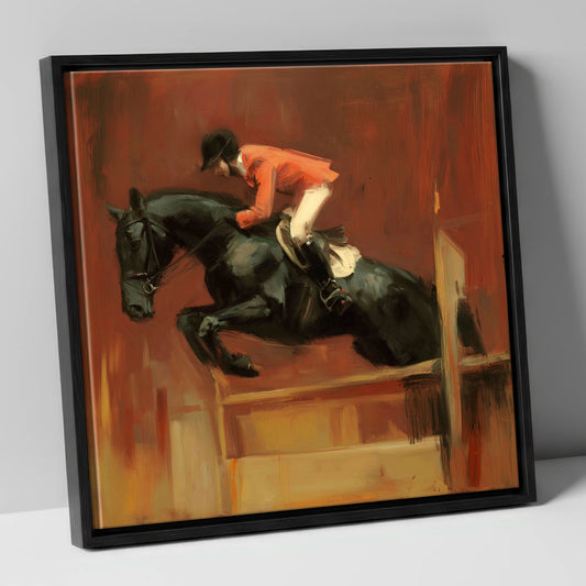 The Bold Leap show jumping horse canvas wall art in black frame