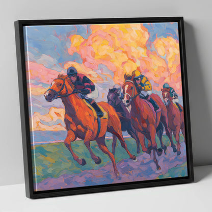 Thundering Sunset racing horse canvas wall art in black frame
