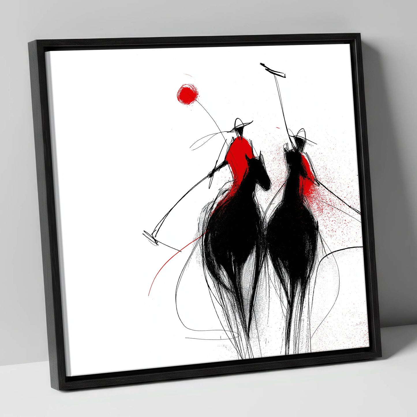 Crimson Chukka polo horse canvas wall art in black frame