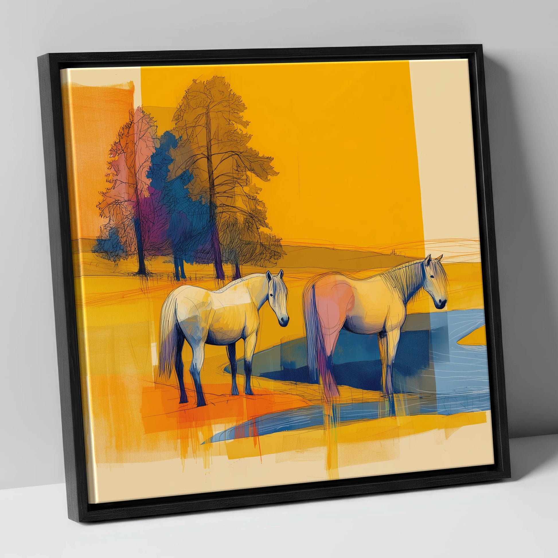 Abstract Golden Pasture horse landscape canvas wall art in black frame