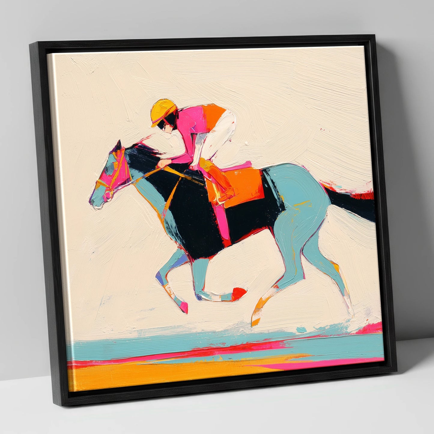 Technicolour Gallop racing horse canvas wall art in black frame