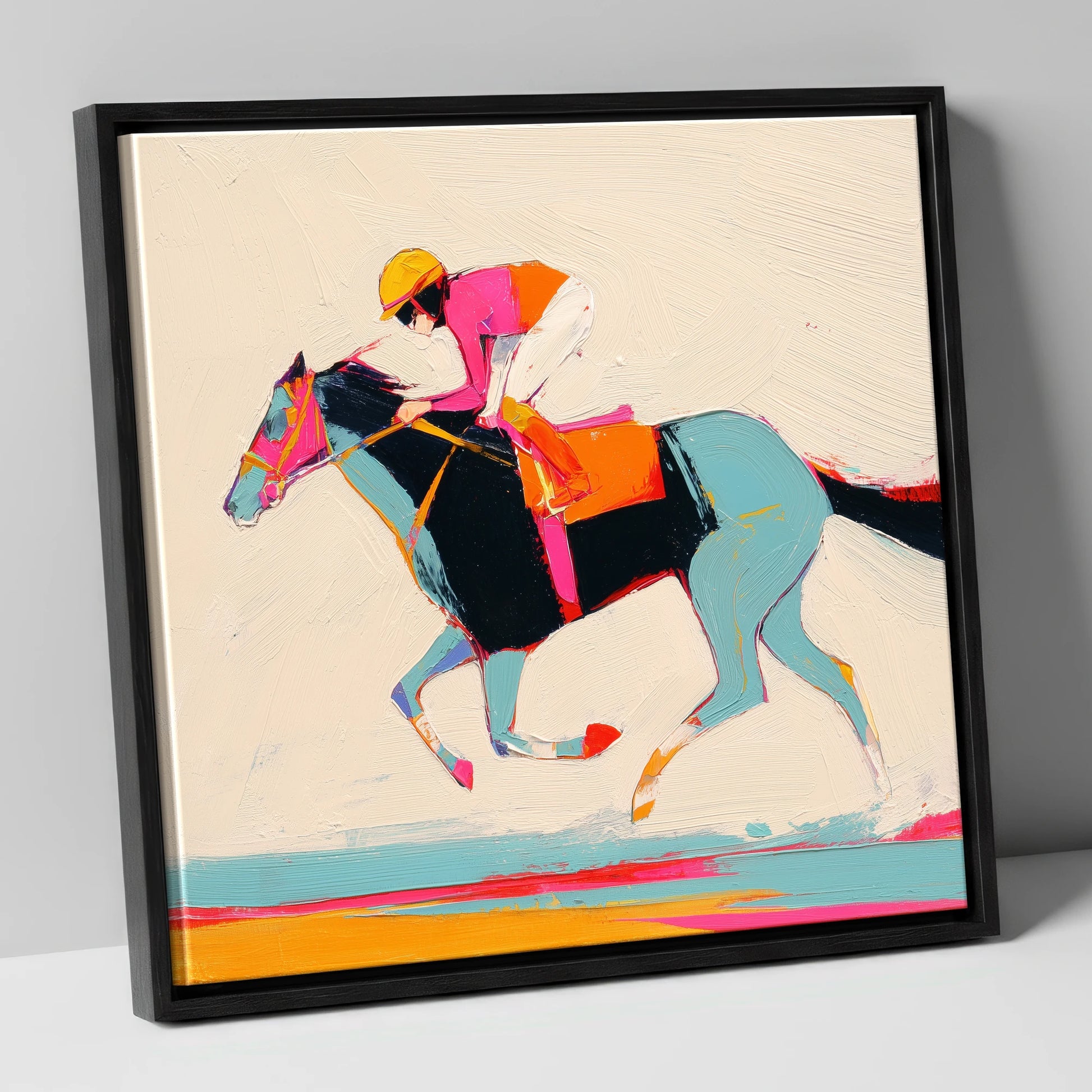 Technicolour Gallop racing horse canvas wall art in black frame
