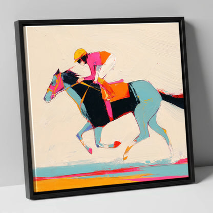 Technicolour Gallop racing horse canvas wall art in black frame