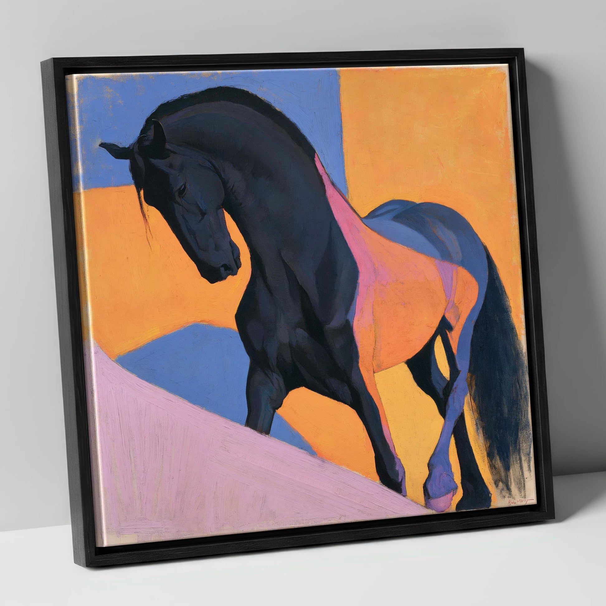 Black Stallion on Bold Orange horse breed canvas wall art in black frame